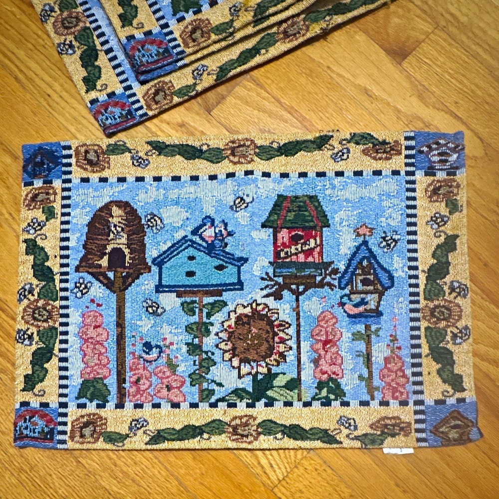 Set of 4 Multicolor Woven Floral Birdhouse Rectangular Placemats, Poly/Cotton